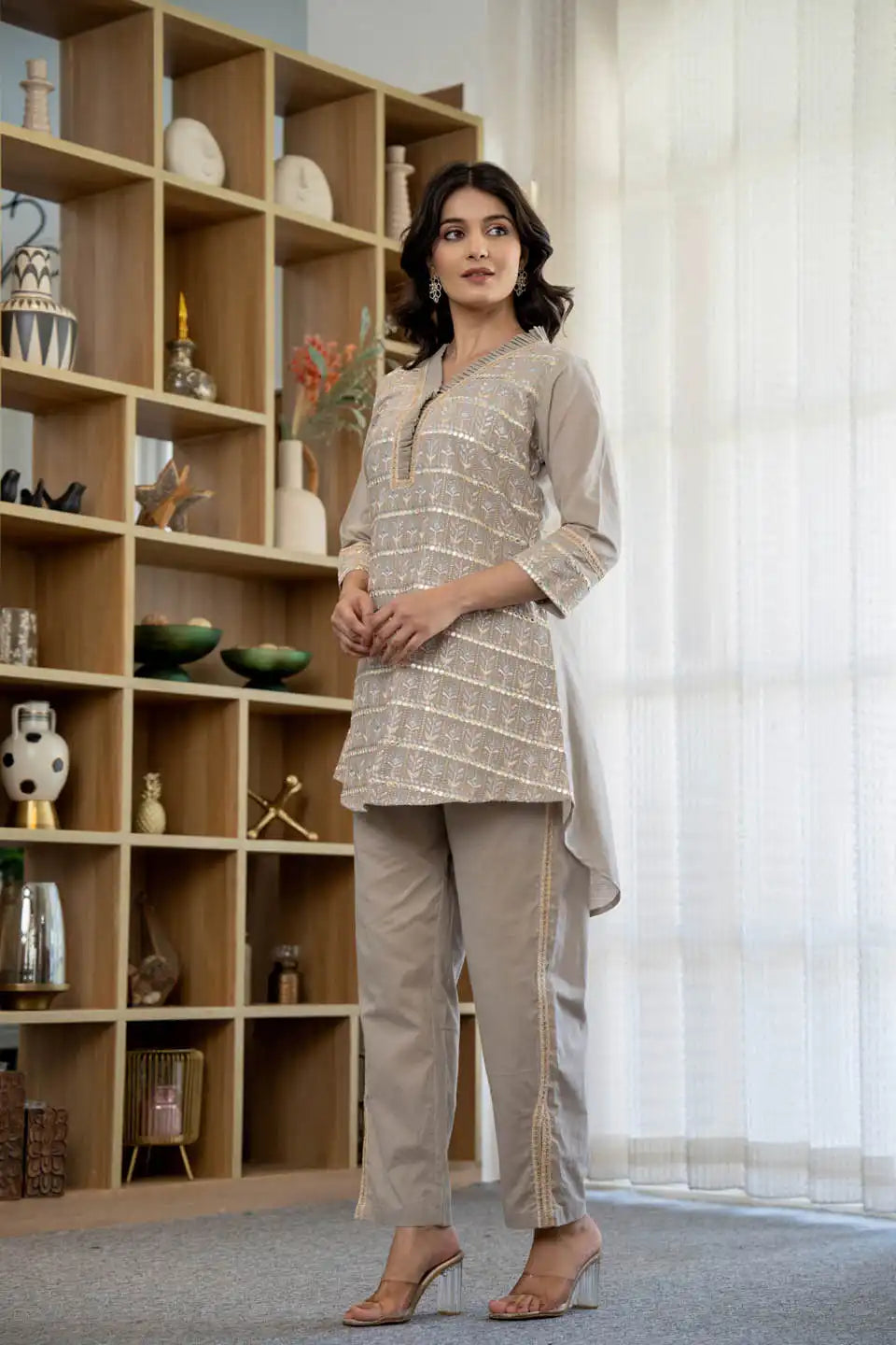 beige embroidered coordinated set for women