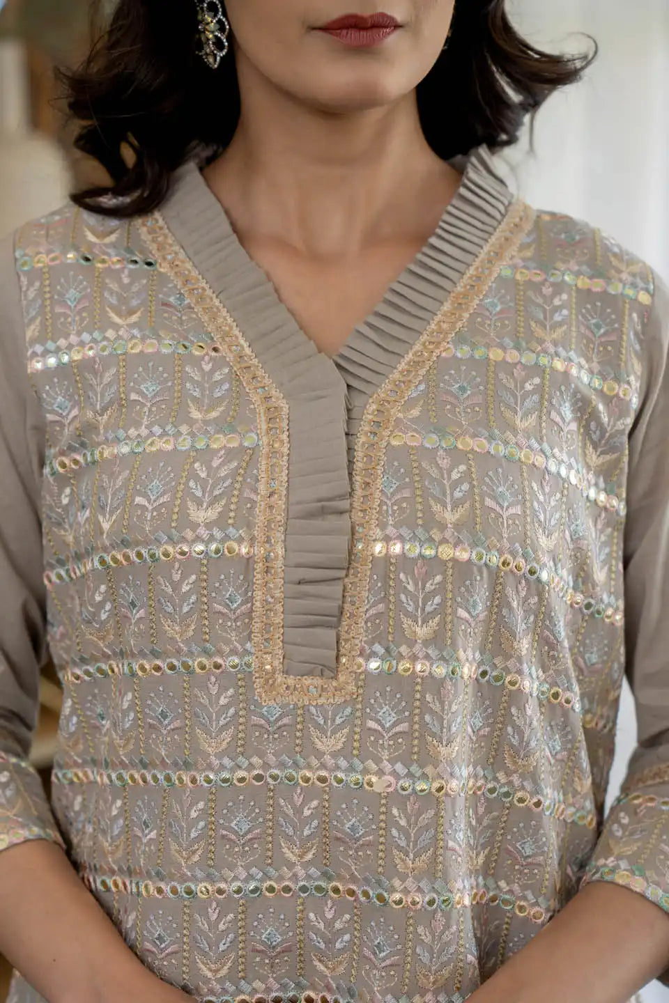 beige embroidered coordinated set for women