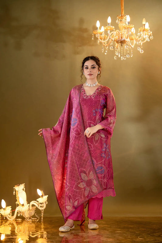 ROMAN SILK EMBELLISHED KURTA WITH FLORAL AND GEOMETRIC PRINT DUPATTA AND STRAIGHT PANTS - FESTIVE WEAR