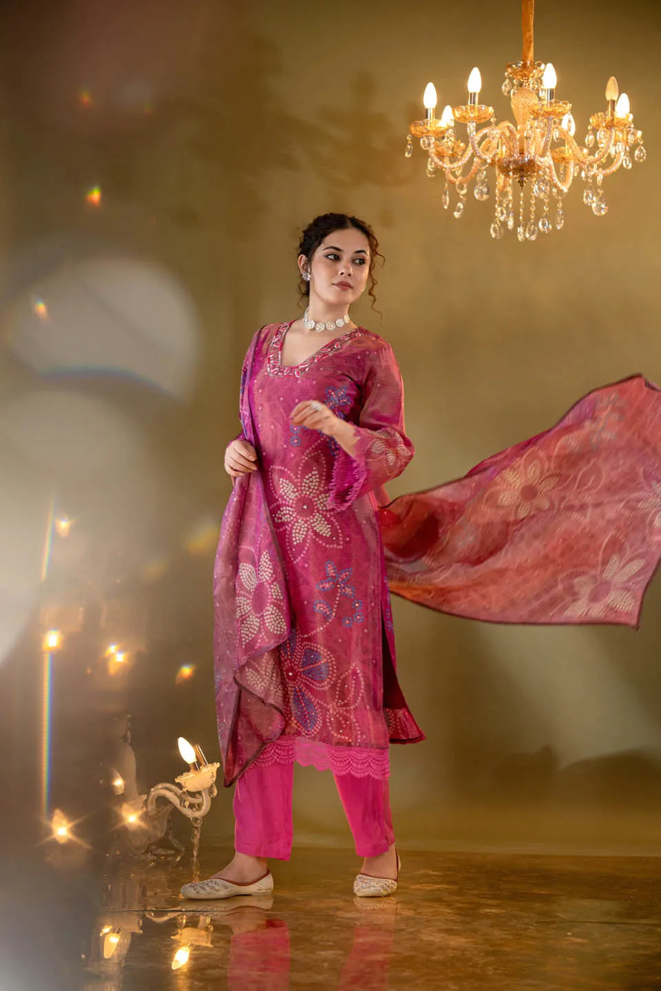 ROMAN SILK EMBELLISHED KURTA WITH FLORAL AND GEOMETRIC PRINT DUPATTA AND STRAIGHT PANTS - FESTIVE WEAR