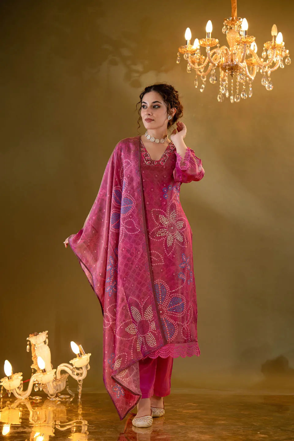 ROMAN SILK EMBELLISHED KURTA WITH FLORAL AND GEOMETRIC PRINT DUPATTA AND STRAIGHT PANTS - FESTIVE WEAR