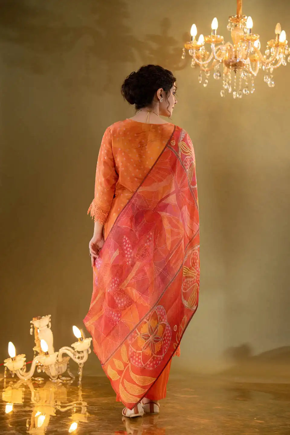 VIBRANT ORANGE FLORAL STRAIGHT CUT SALWAR KAMEEZ WITH LACE DETAILING