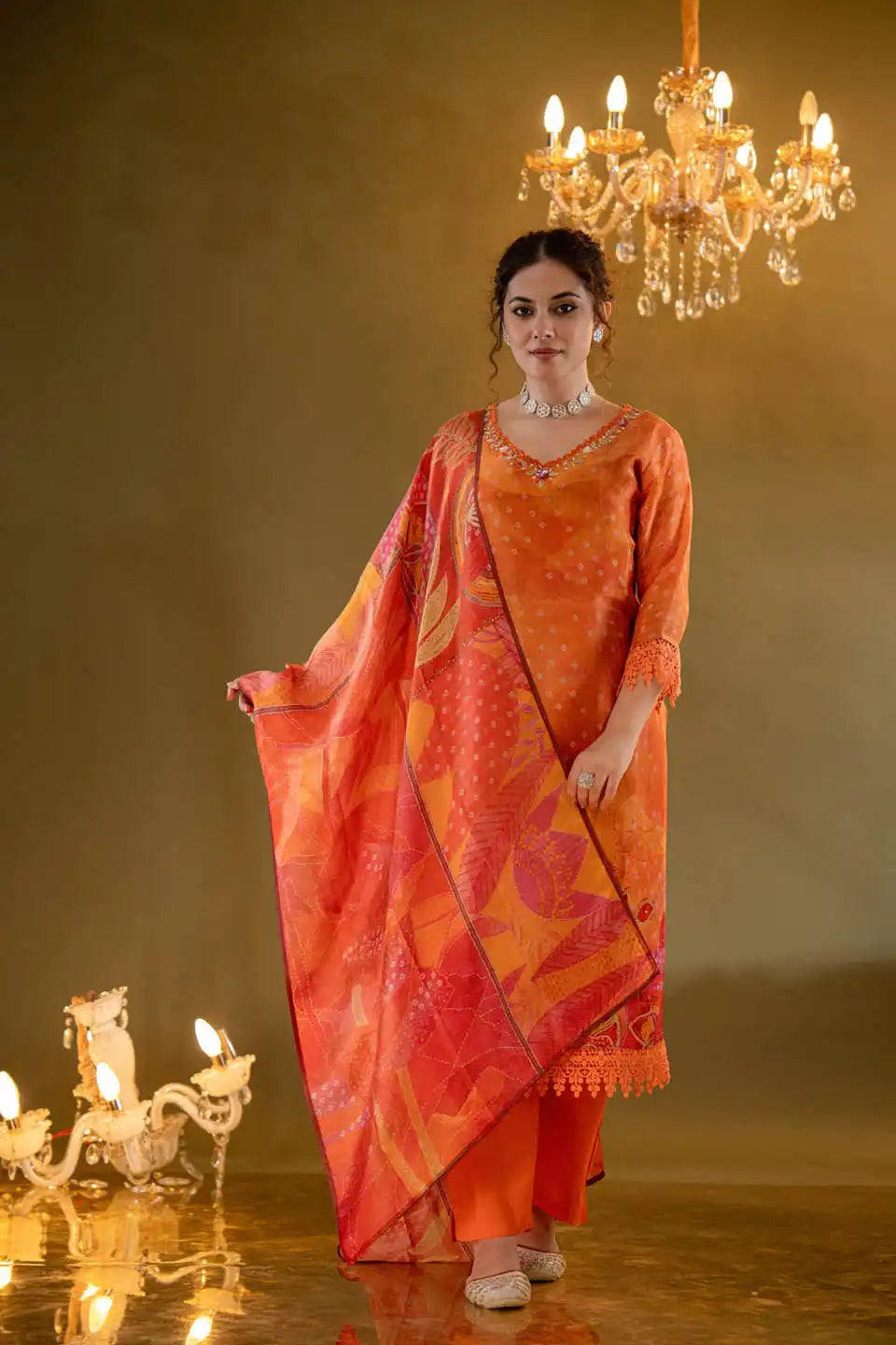 Vibrant Orange Floral Straight Cut Salwar Kameez with Lace Detailing