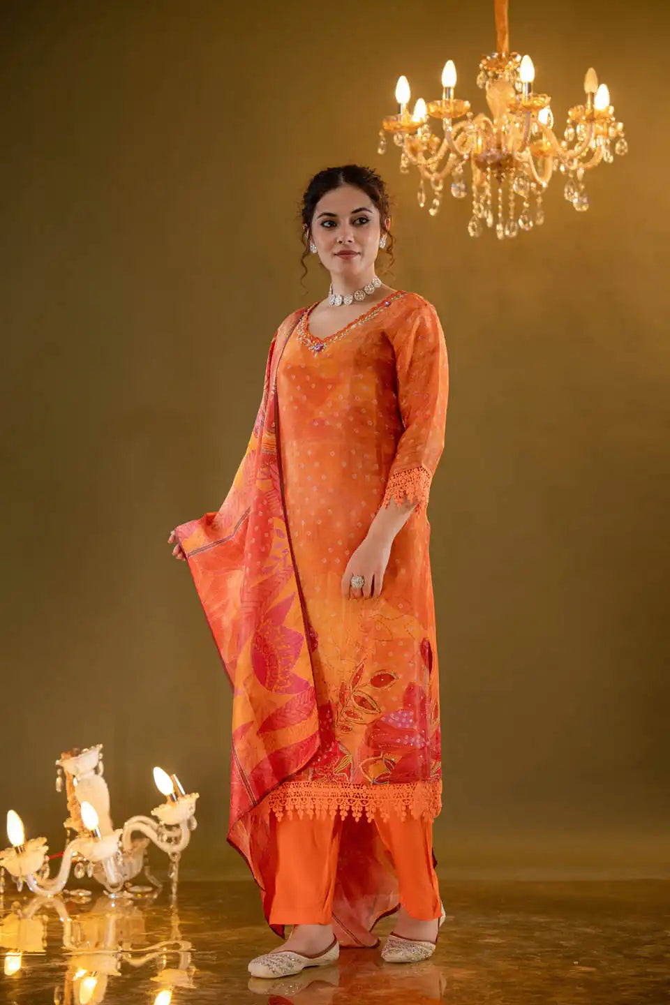 Vibrant Orange Floral Straight Cut Salwar Kameez with Lace Detailing