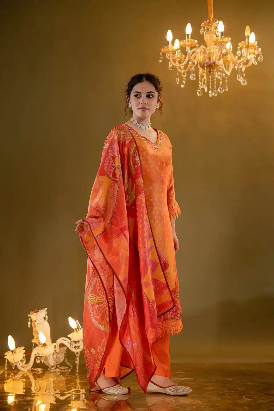 Vibrant Orange Floral Straight Cut Salwar Kameez with Lace Detailing