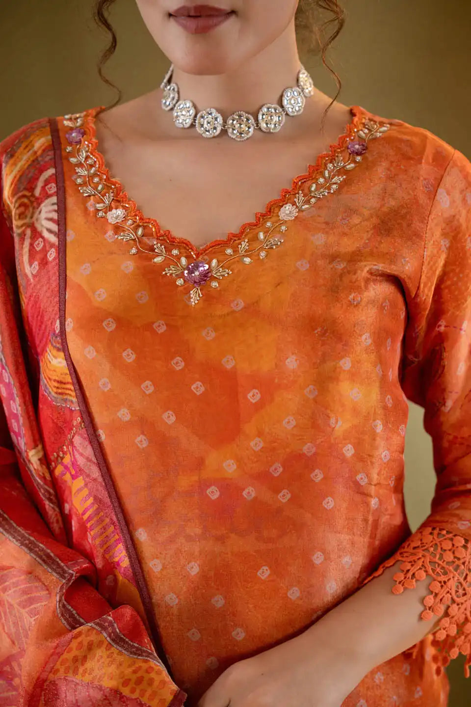 Vibrant Orange Floral Straight Cut Salwar Kameez with Lace Detailing