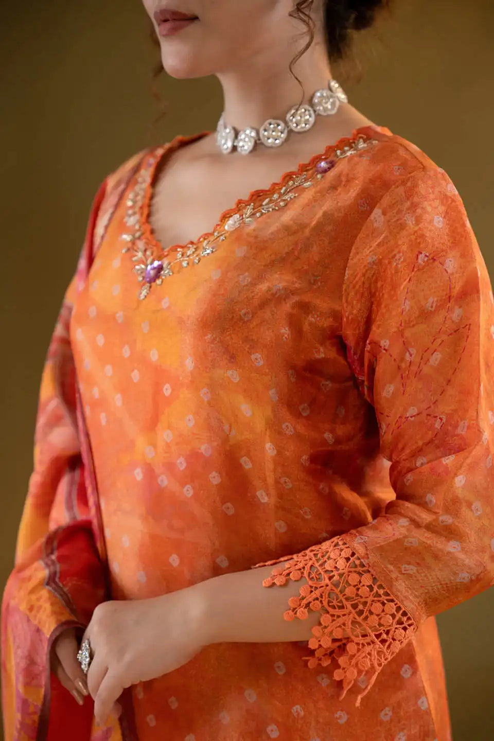 Vibrant Orange Floral Straight Cut Salwar Kameez with Lace Detailing