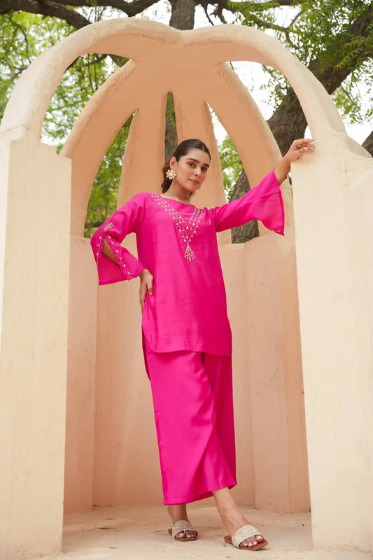 festive charm roman silk calf length coordinated set with subtle embroidery and flared sleeves