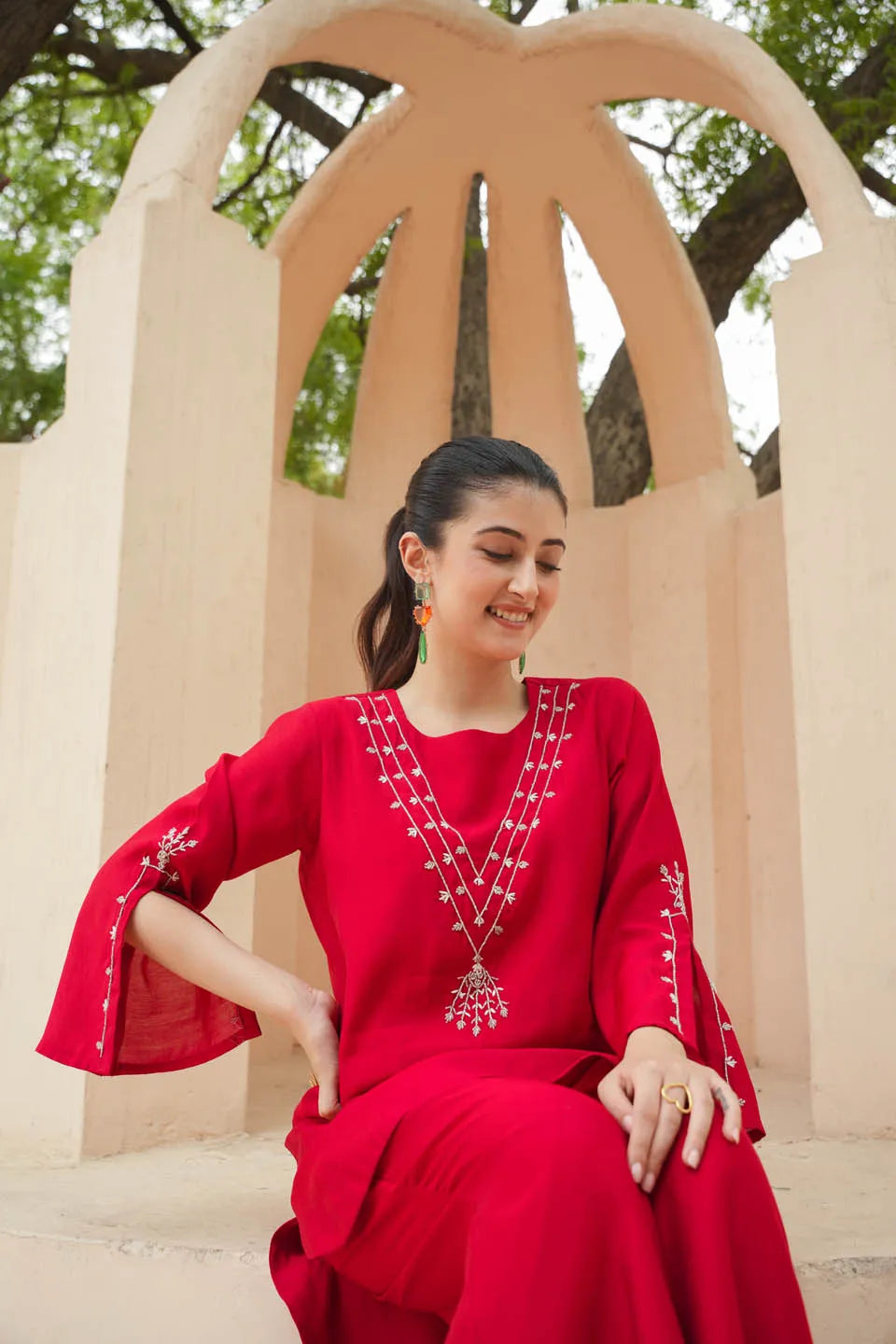 festive elegance calf length roman silk coordinated set with minimalistic embroidery and flared sleeves