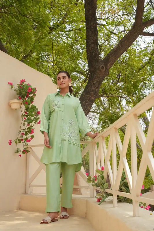 Pastel Green Embroidered Co-ordinated Set for Women