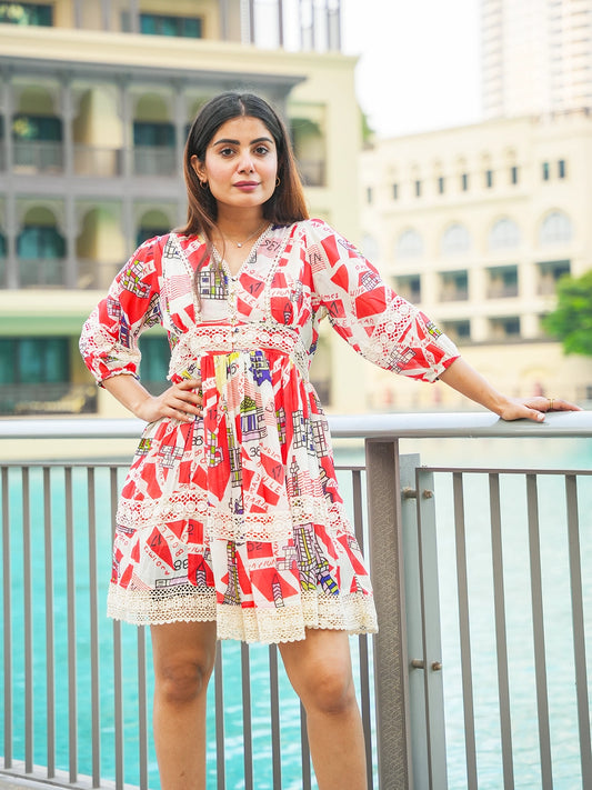 crimson charm red and white short gown