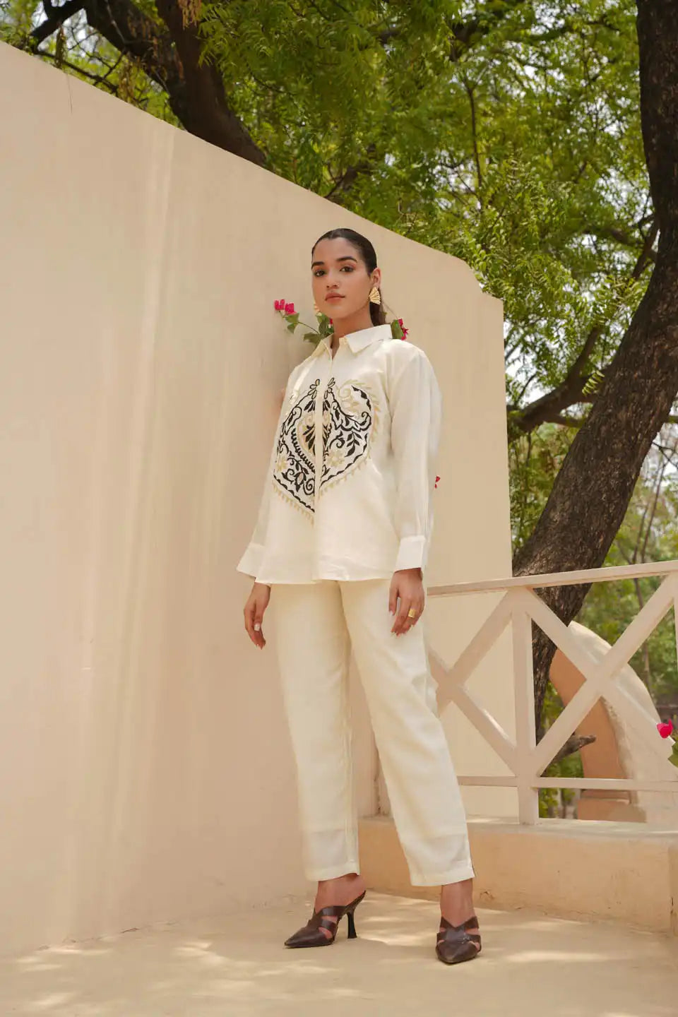 embroidered cream shirt with straight pants set