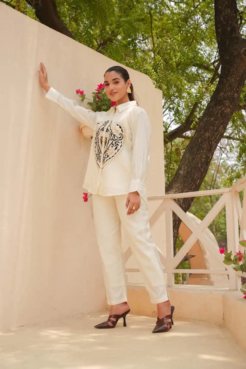 embroidered cream shirt with straight pants set