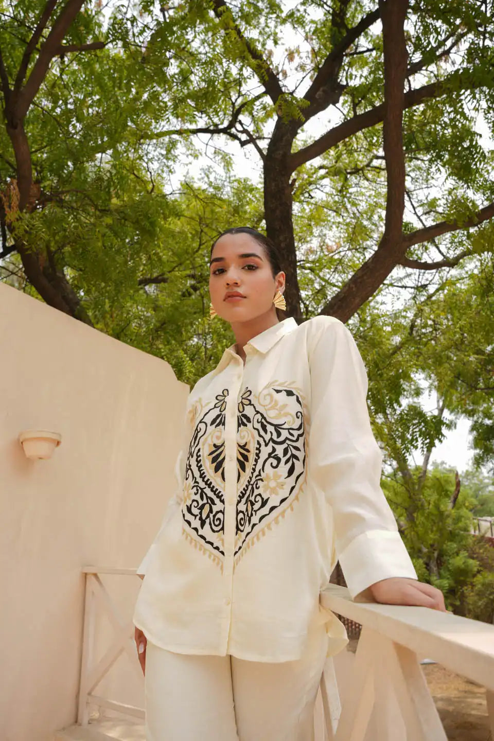 embroidered cream shirt with straight pants set