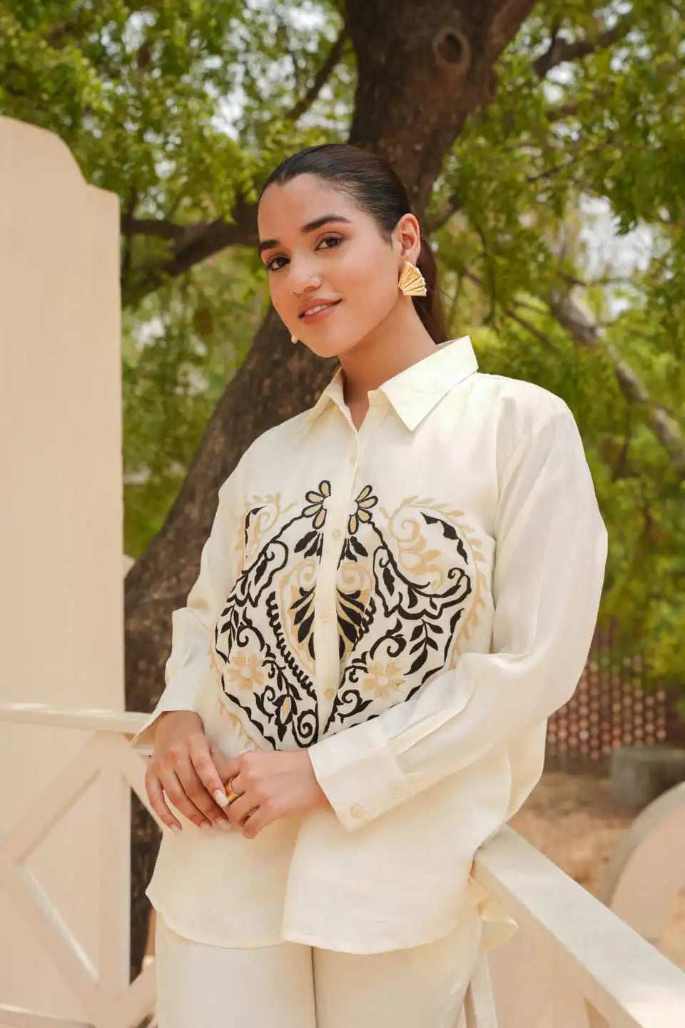 embroidered cream shirt with straight pants set