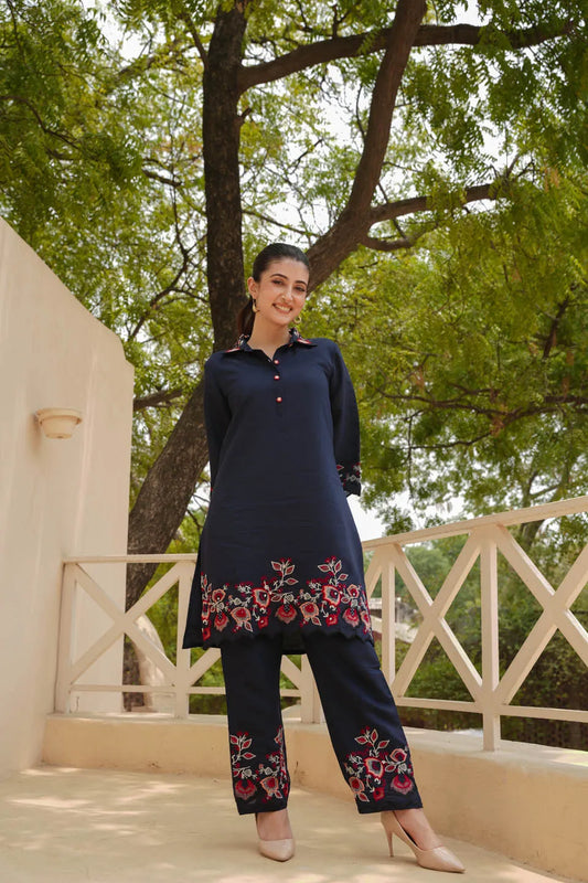 navy blue embroidered kurta set with floral patterned pants