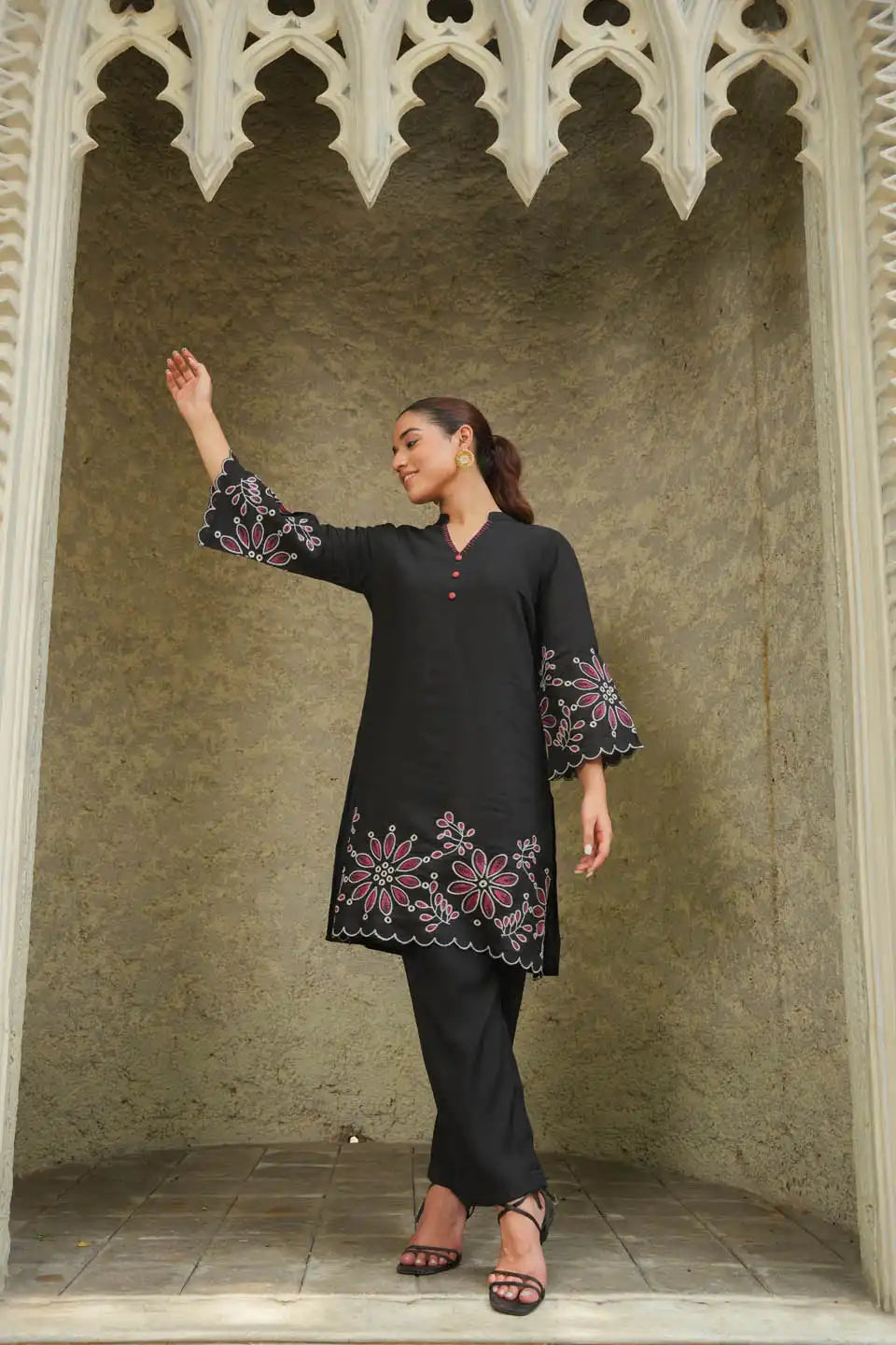 elegant roman silk flower embroidered co-ord set