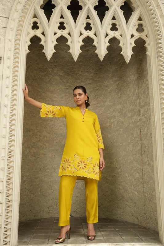 ELEGANT FLOWER EMBROIDERED YELLOW CO-ORD SET