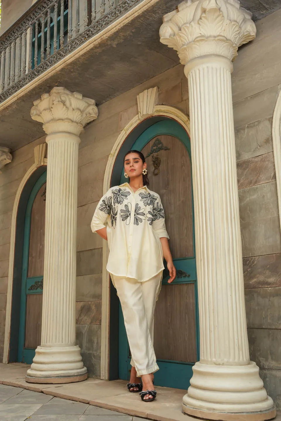 FLORAL EMBROIDERED ROMAN SILK COORDINATED SET WITH STRAIGHT KURTA AND MATCHING PANTS