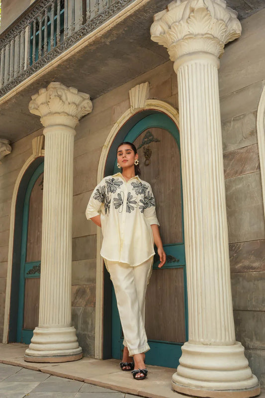 FLORAL EMBROIDERED ROMAN SILK COORDINATED SET WITH STRAIGHT KURTA AND MATCHING PANTS