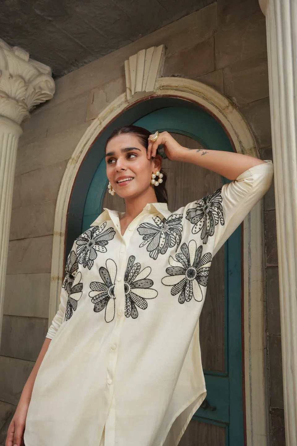 FLORAL EMBROIDERED ROMAN SILK COORDINATED SET WITH STRAIGHT KURTA AND MATCHING PANTS