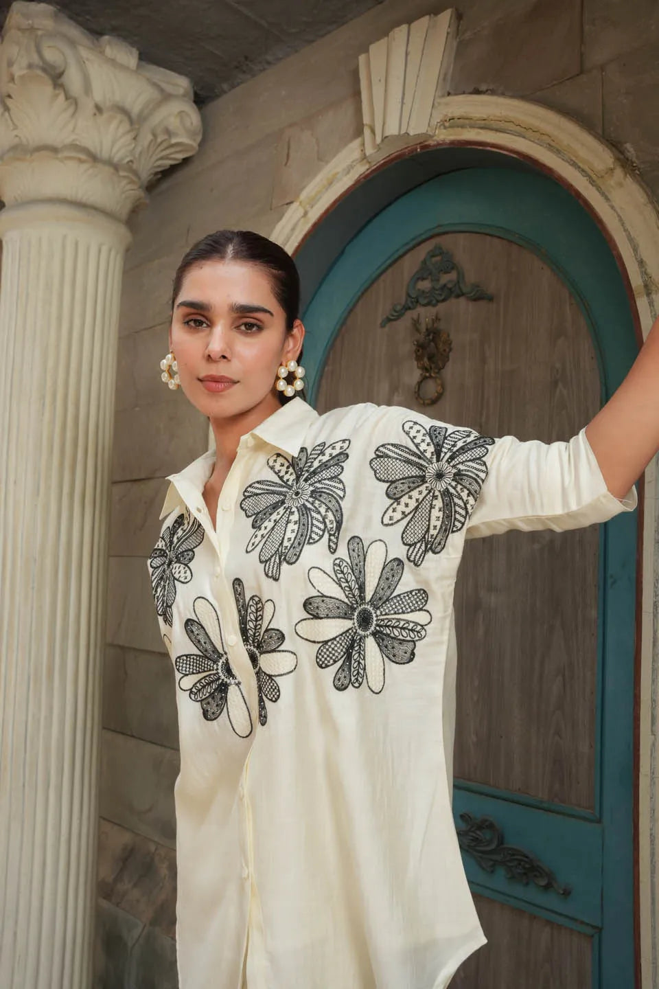 FLORAL EMBROIDERED ROMAN SILK COORDINATED SET WITH STRAIGHT KURTA AND MATCHING PANTS