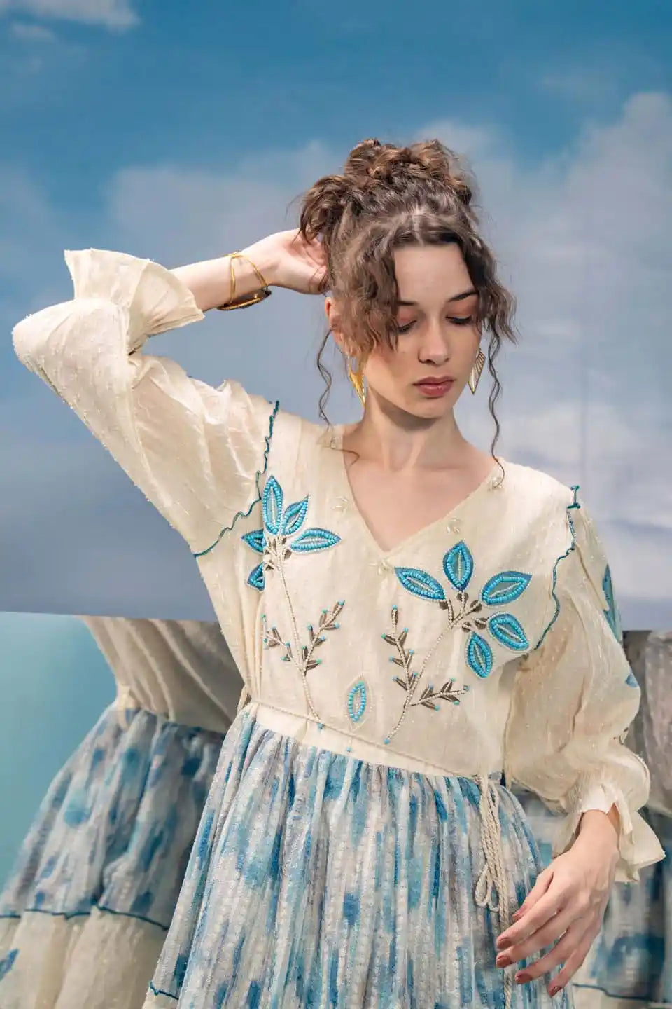 Boho Chic Embroidered Floral Short Dress with Puff Sleeves