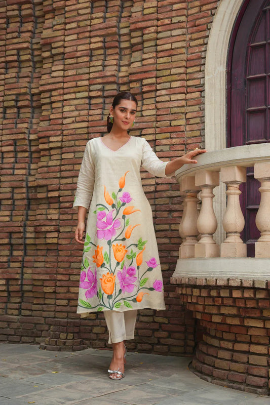 ELEGANT CREAM COORD SET WITH VIBRANT FLORAL PRINT & 3/4TH SLEEVES - FESTIVE & CASUAL WEAR