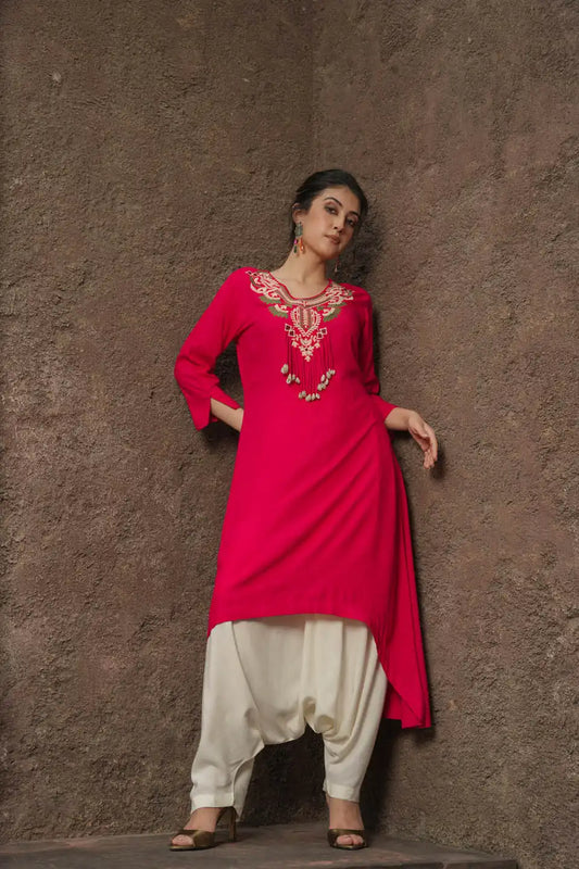 Red Embroidered Kurta Set with Dhoti Pants