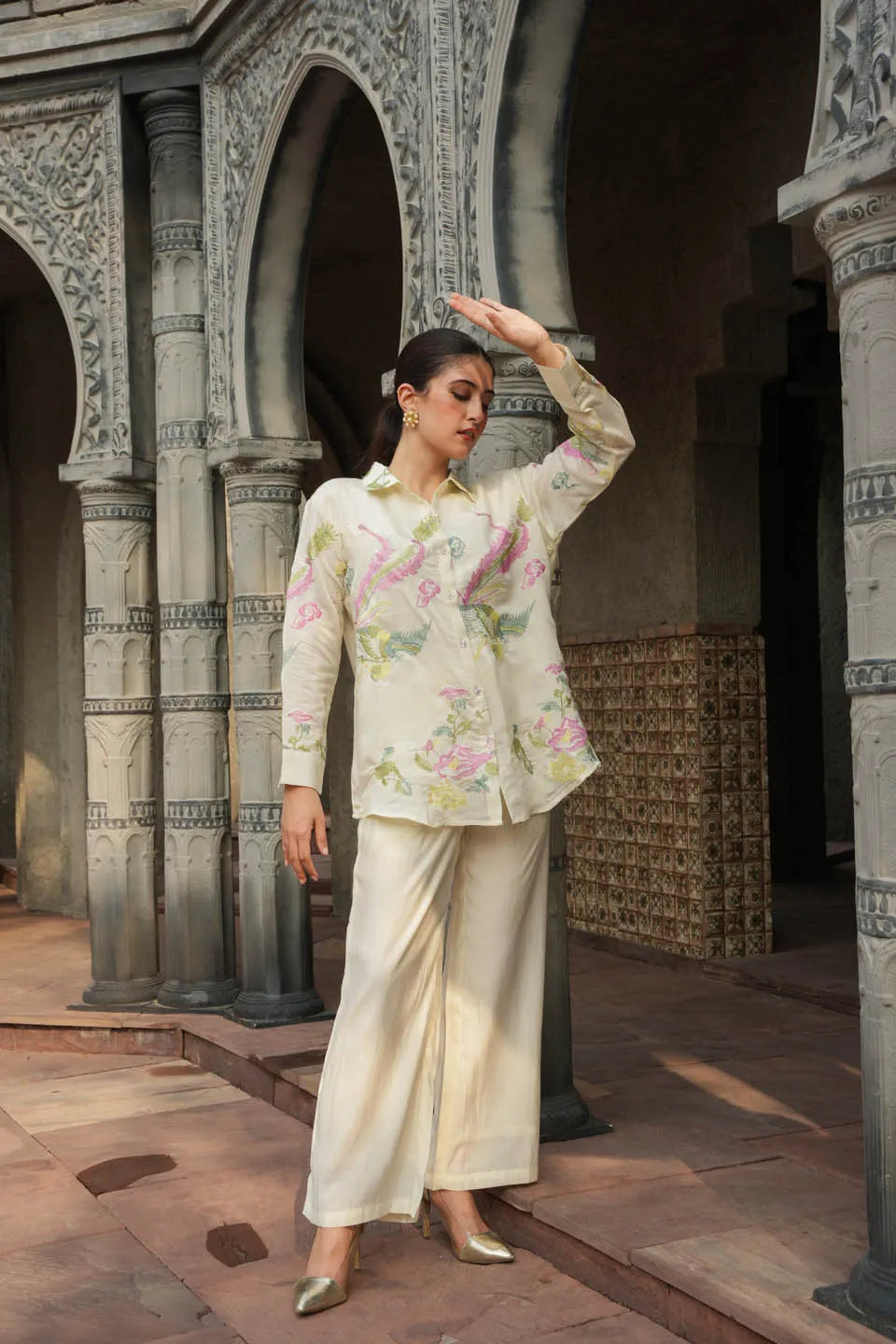 ELEGANT FLORAL EMBROIDERED SILK-BLEND CO-ORD SET FOR SEMI-FORMAL OCCASIONS