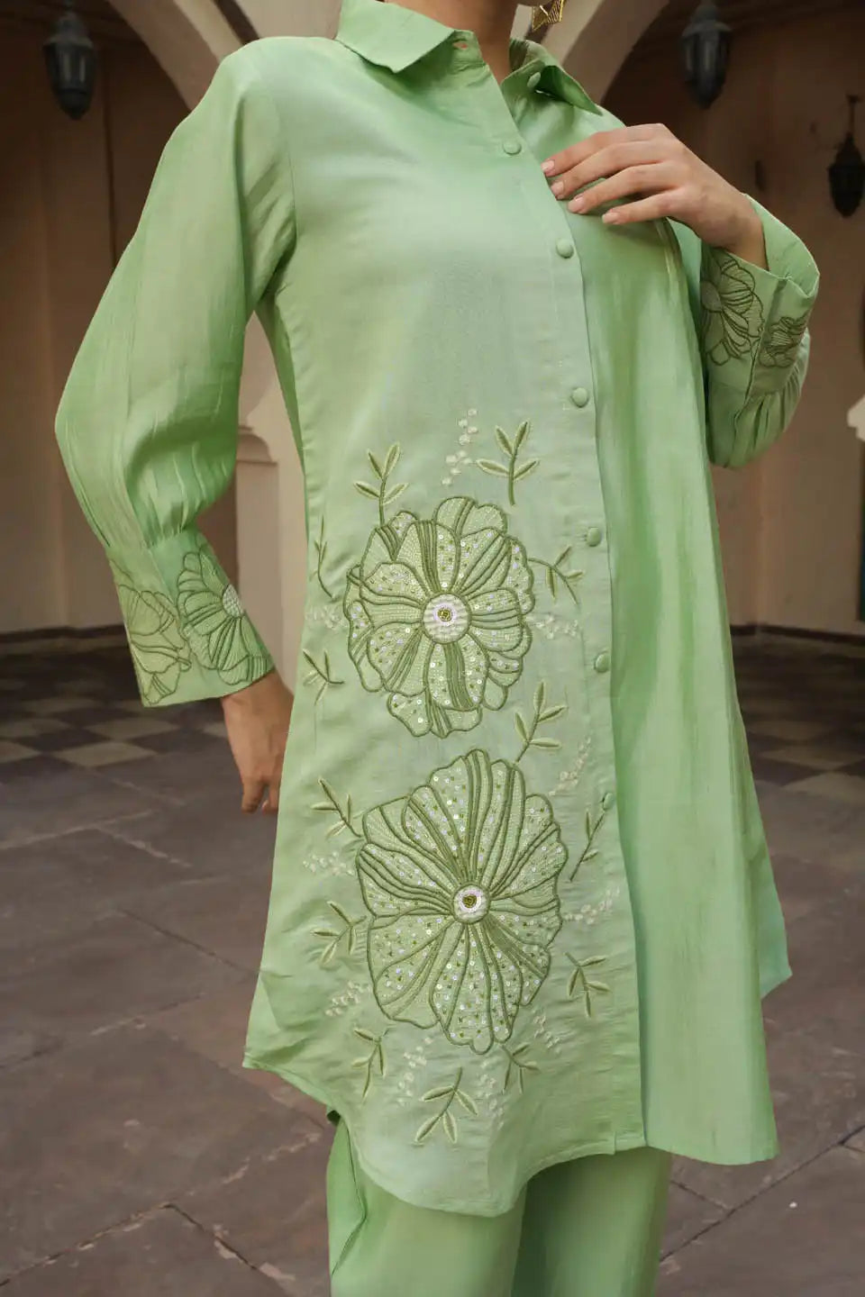 ROMAN SILK GREEN FLORAL EMBROIDERED COORDINATED SET