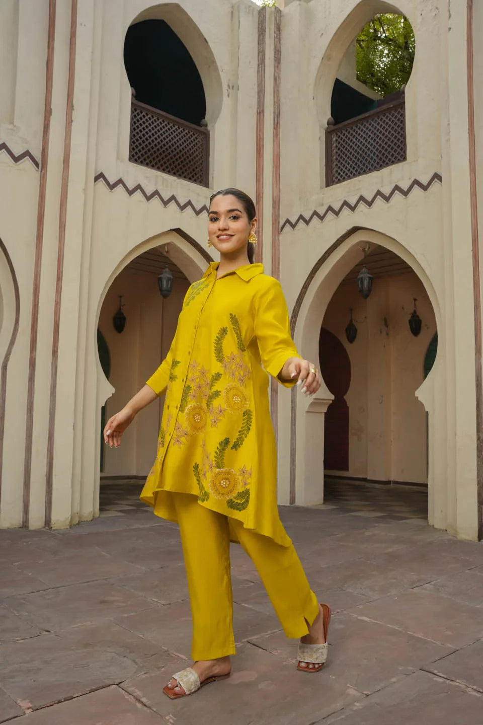 Mustard Yellow Floral Embroidered Coordinated Set