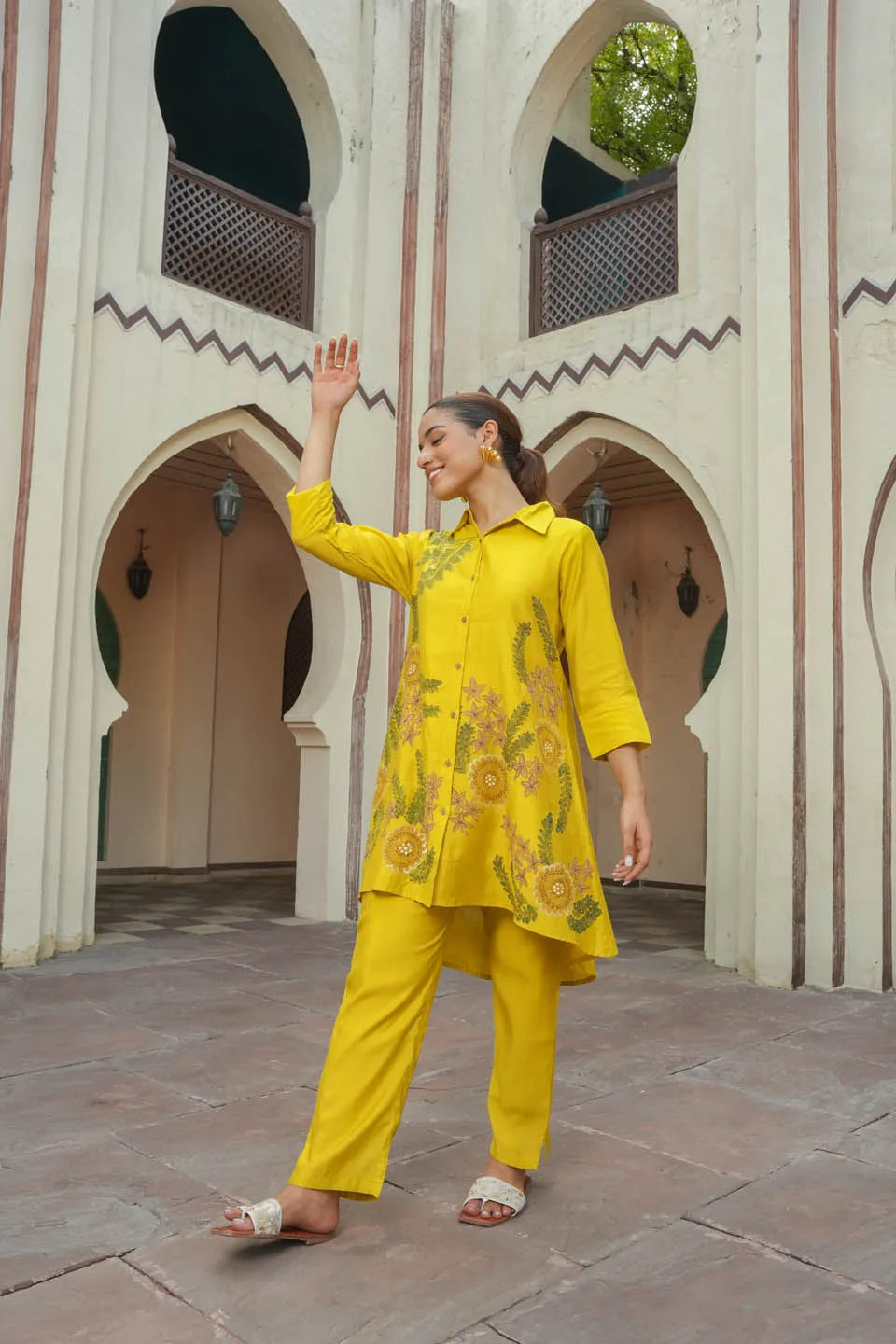 Mustard Yellow Floral Embroidered Coordinated Set