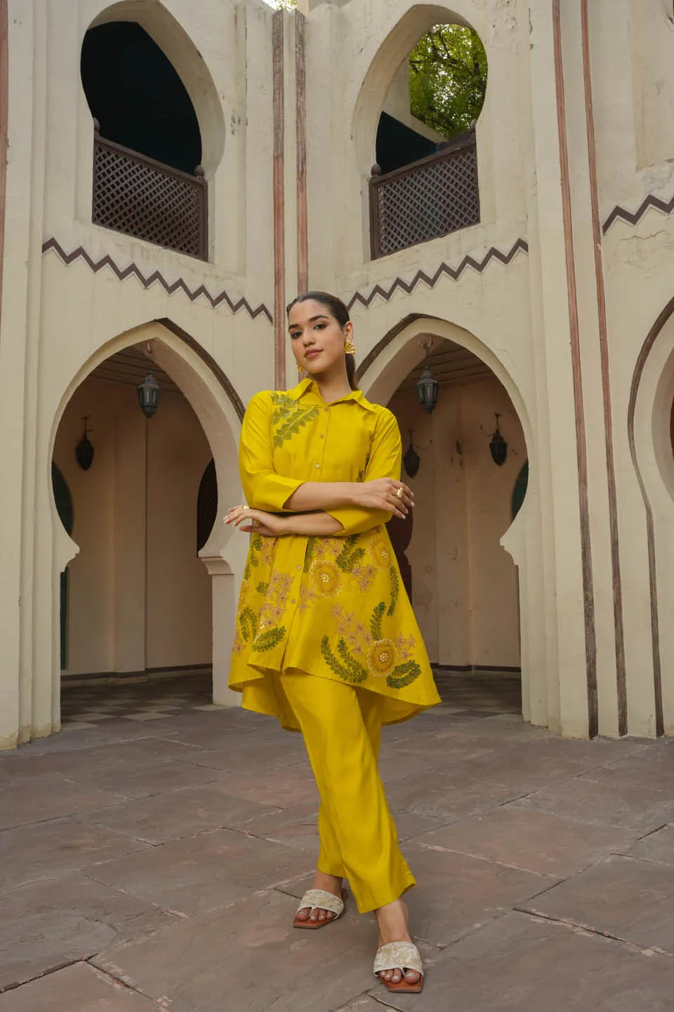 Mustard Yellow Floral Embroidered Coordinated Set