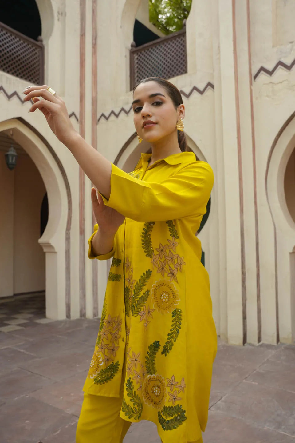 Mustard Yellow Floral Embroidered Coordinated Set