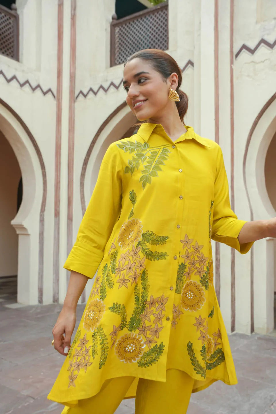 Mustard Yellow Floral Embroidered Coordinated Set