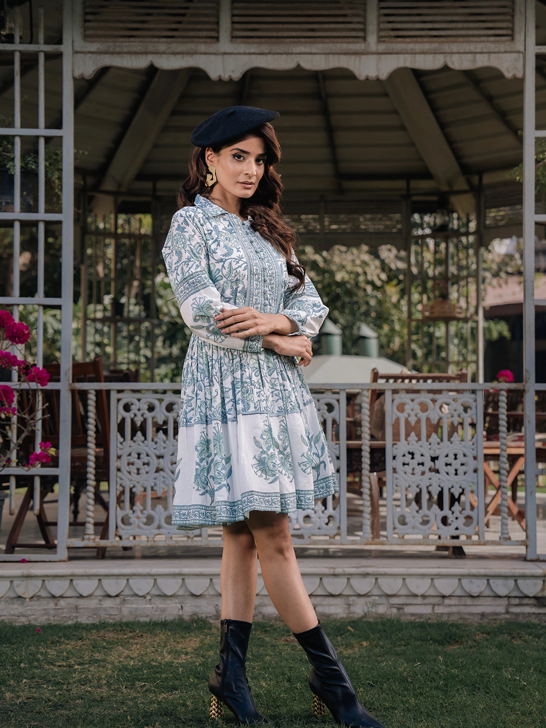 blue breeze elegance white dress with blue embroidery