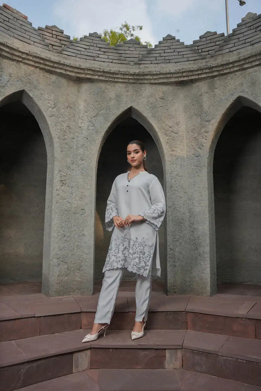 gray embroidered kurta set with flared sleeves