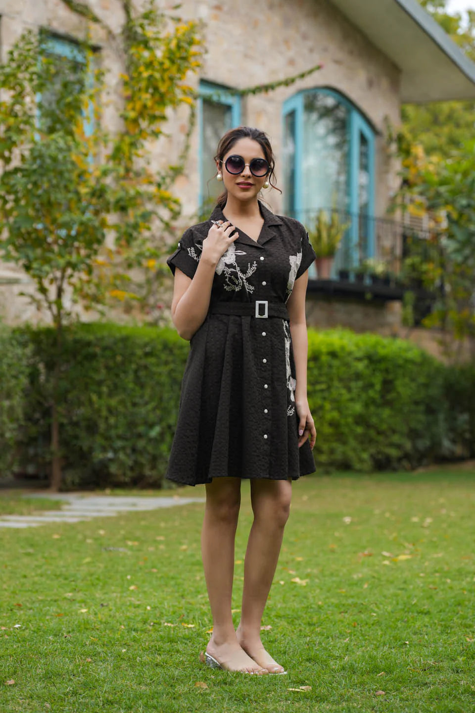 WOMEN'S WINE AND BLACK COTTON EMBROIDERED DRESS