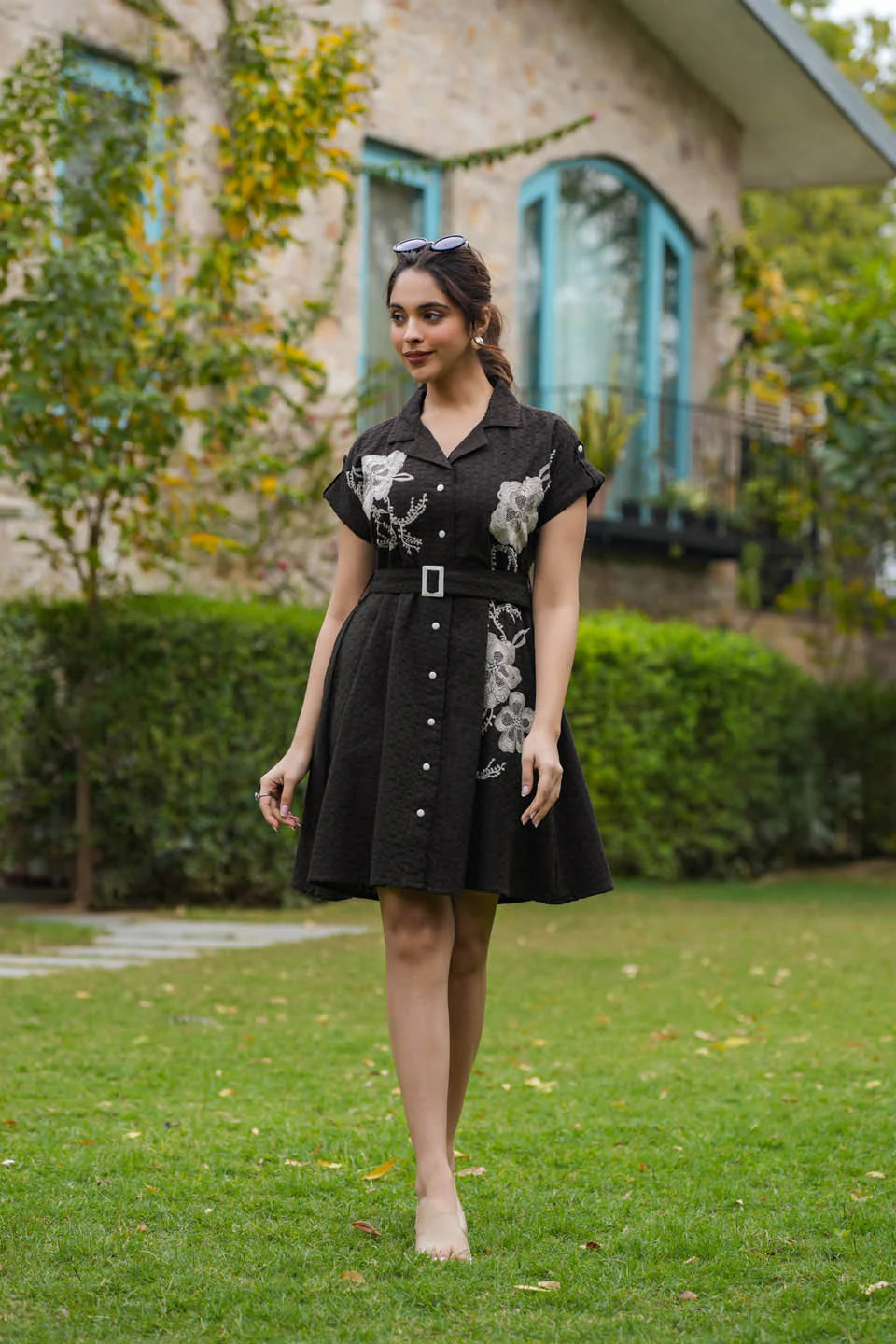 WOMEN'S WINE AND BLACK COTTON EMBROIDERED DRESS