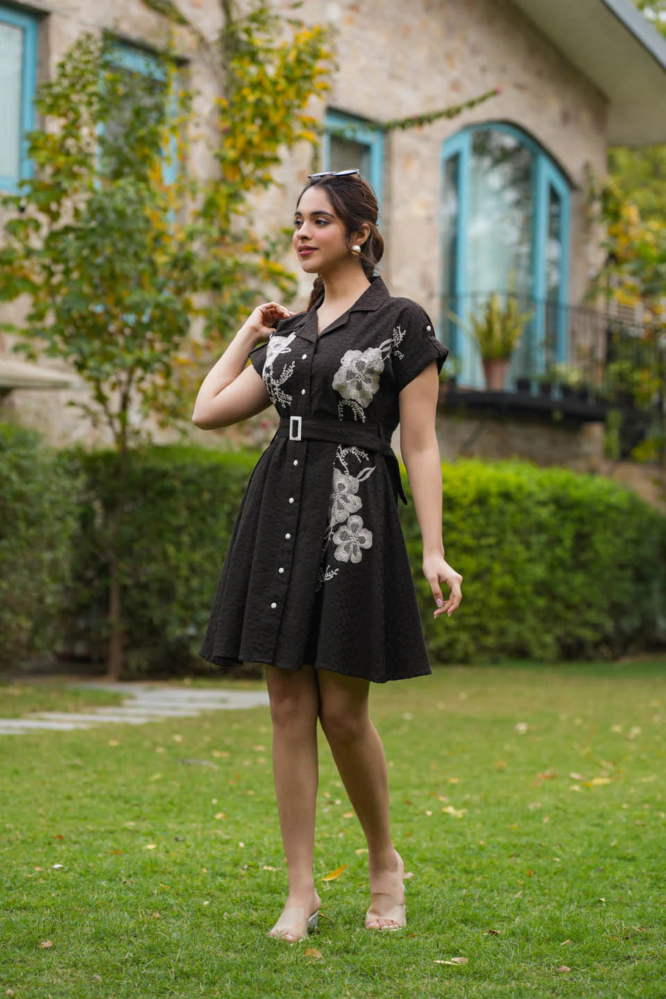 WOMEN'S WINE AND BLACK COTTON EMBROIDERED DRESS