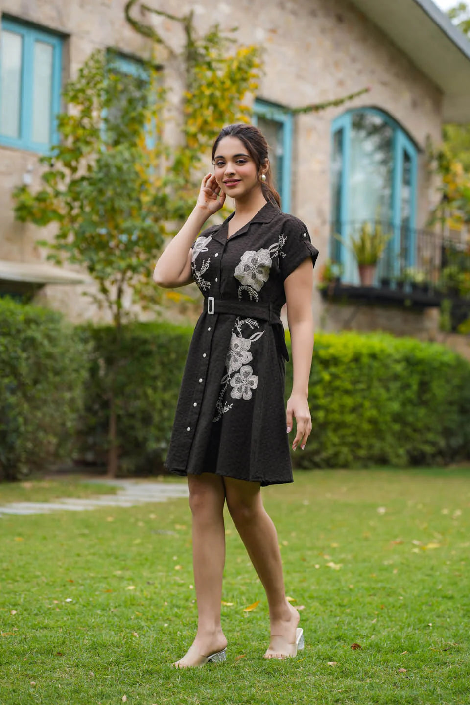 WOMEN'S WINE AND BLACK COTTON EMBROIDERED DRESS