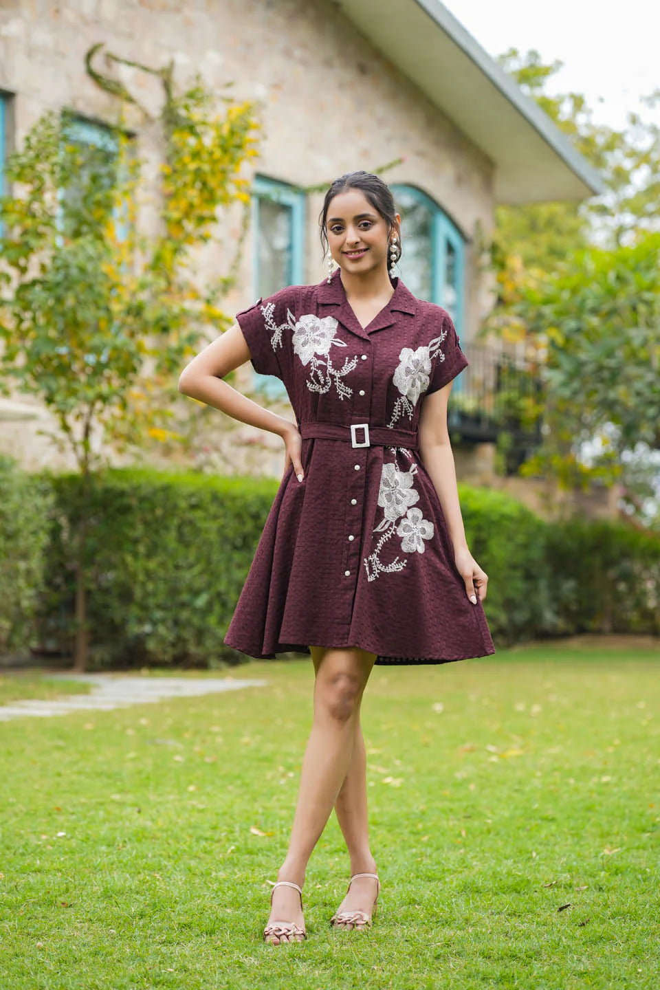 WOMEN'S WINE AND BLACK COTTON EMBROIDERED DRESS