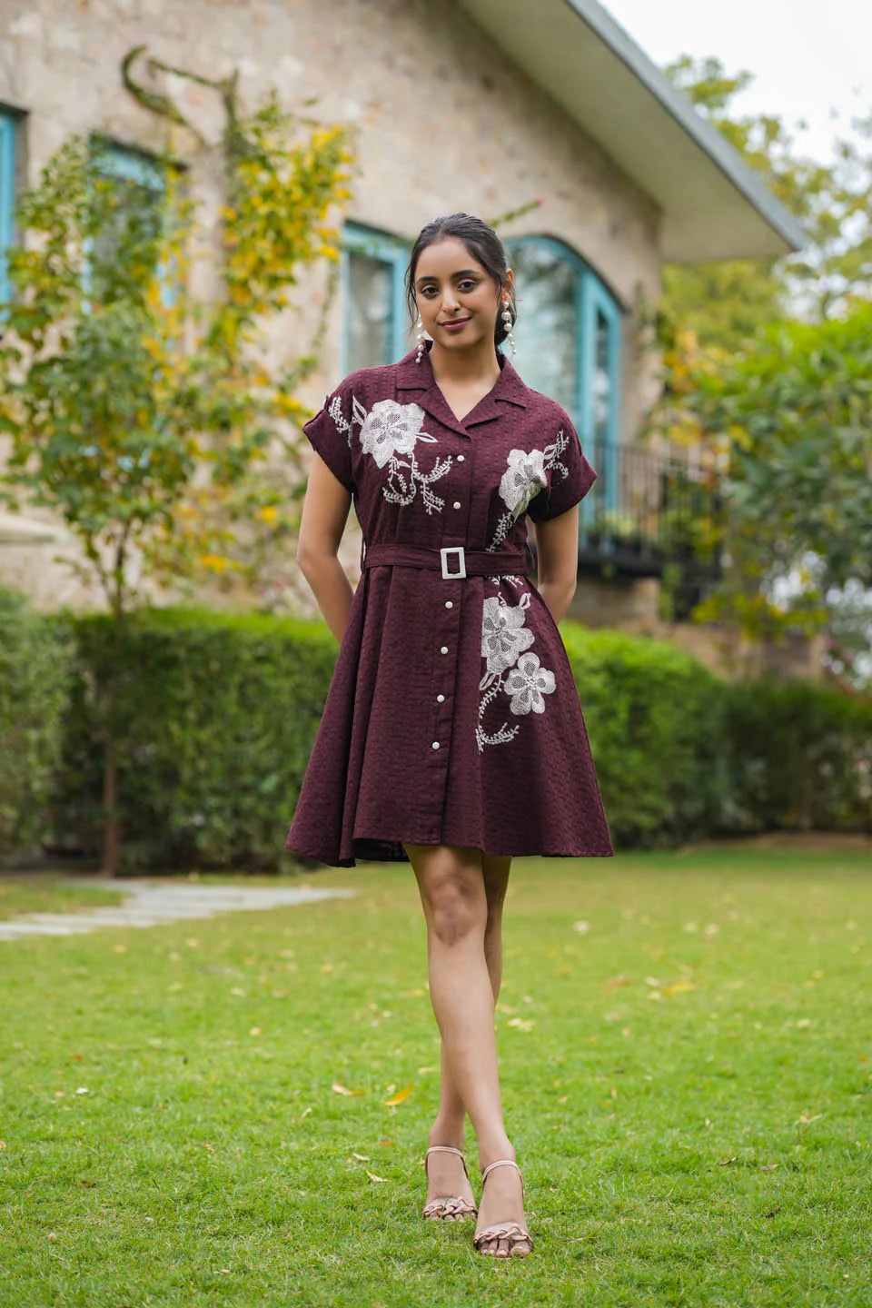 WOMEN'S WINE AND BLACK COTTON EMBROIDERED DRESS