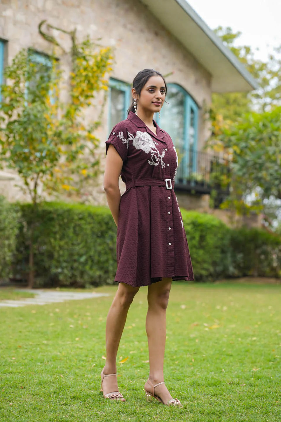 WOMEN'S WINE AND BLACK COTTON EMBROIDERED DRESS