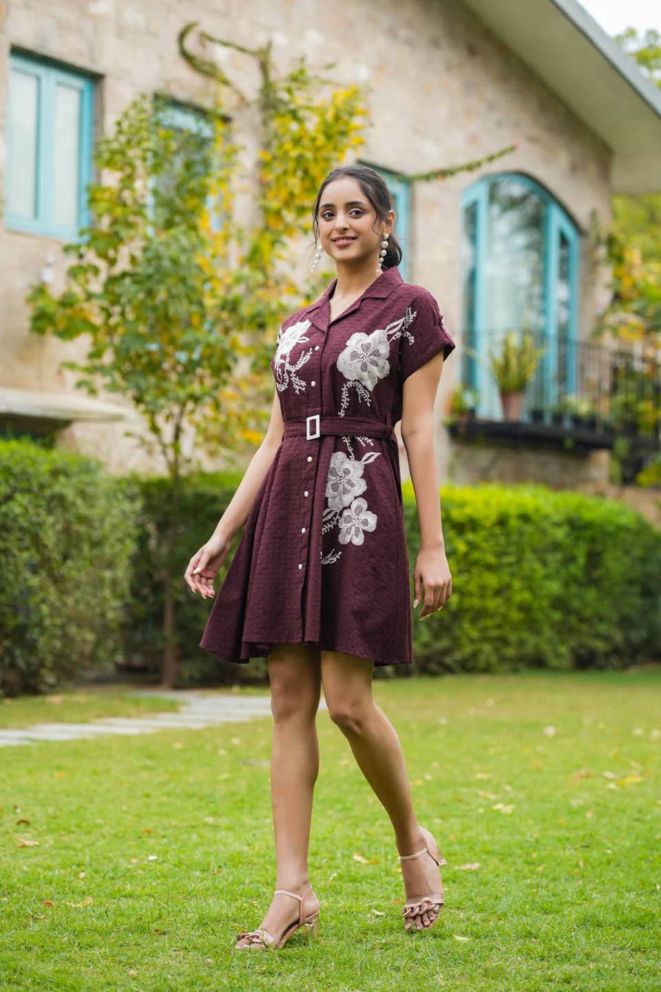 WOMEN'S WINE AND BLACK COTTON EMBROIDERED DRESS