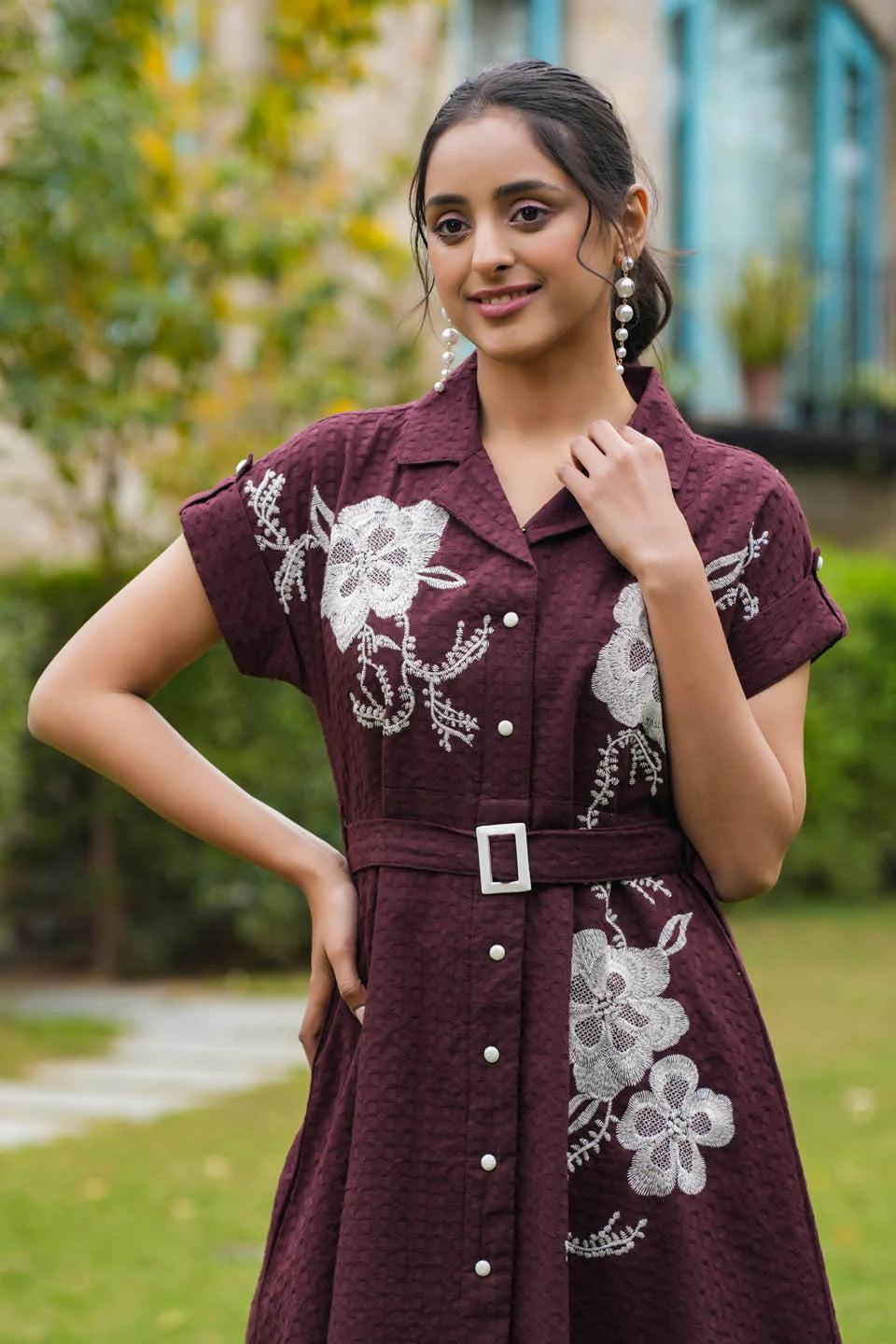 WOMEN'S WINE AND BLACK COTTON EMBROIDERED DRESS