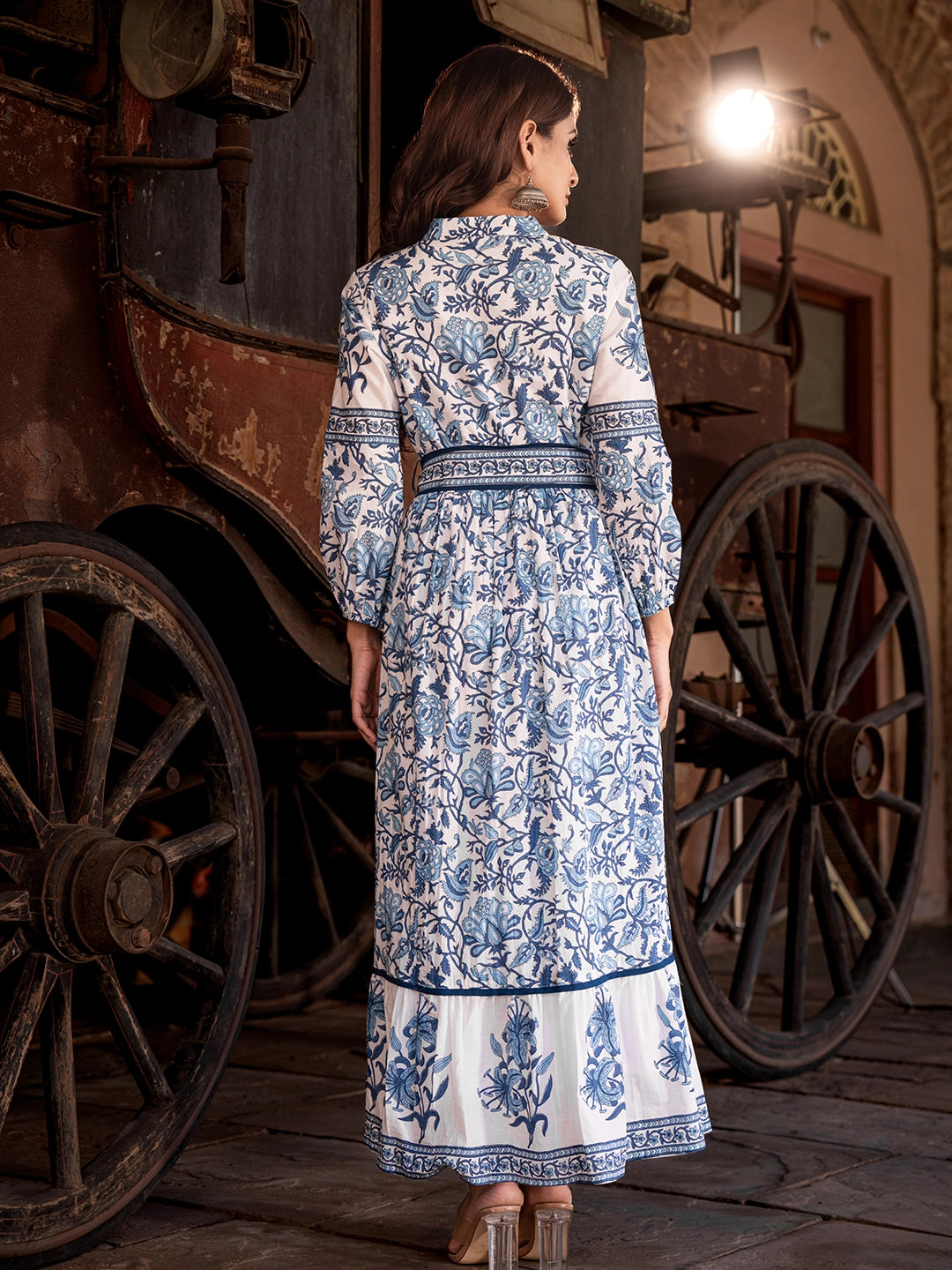 WOMEN'S BLUE FLORA PRINTED RAYON LONG GOWN
