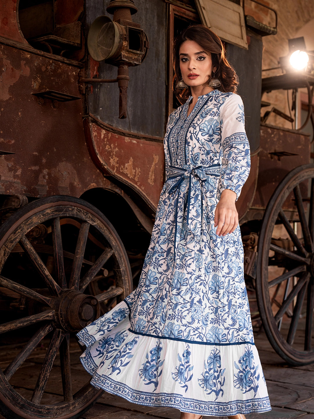 WOMEN'S BLUE FLORA PRINTED RAYON LONG GOWN
