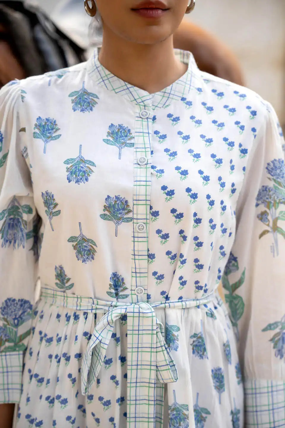 White Floral Printed Short Cotton Dress with Puff Sleeves